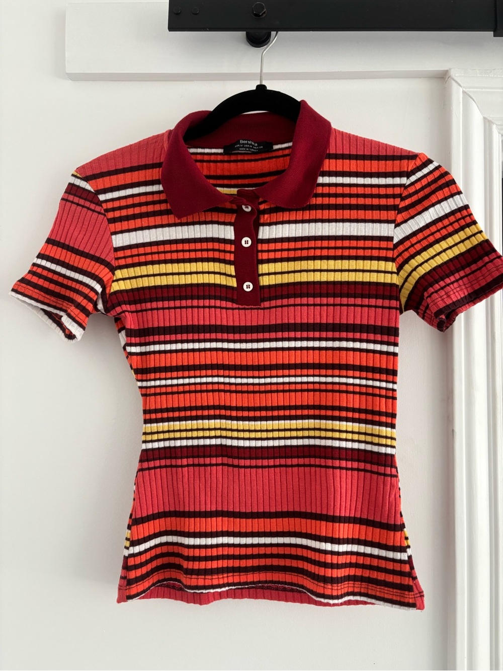 Bershka Ribbed Polo Top in Raspberry, Yellow & White